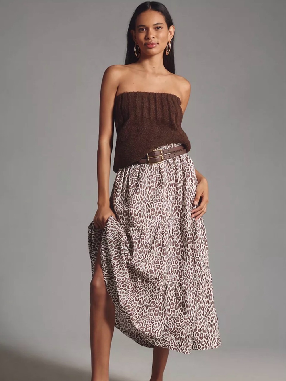 Anthropologie Brown and Cream Leopard Print Maxi Skirt